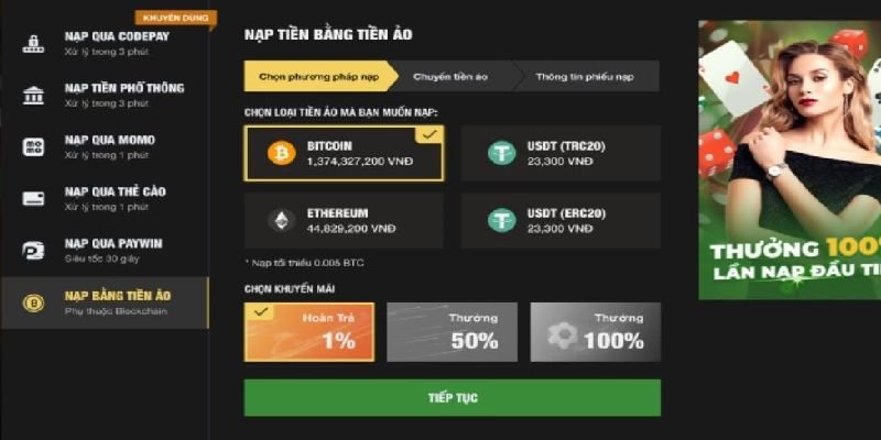 Có nhiều kiểu nạp tiền vào ví cược 8xbet